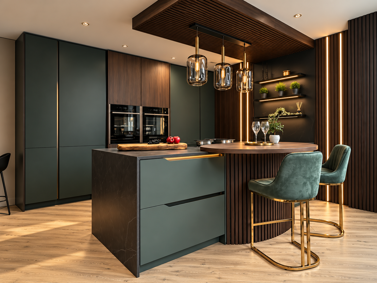Emerald kitchen with a timber breakfast bar, brass accents and pendant lighting